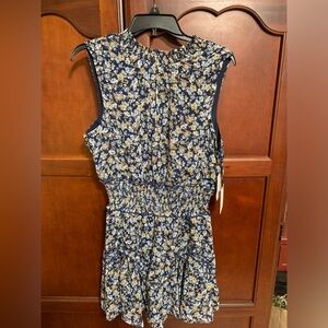 1.State sleeveless blue floral lined mini dress with smocking at waist. L, NWT